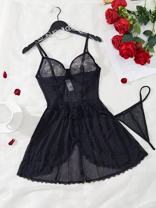 Women's Contrast Lace Sheer Cami Nightdress & Thong Sexy Lingerie Two-piece Set, Romantic Comfy Breathable Lingerie Set for Daily Wear, Women Sexy Lingerie for All Seasons