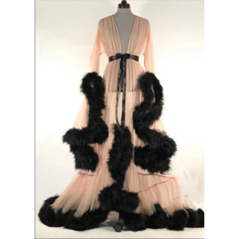 Women Long Sleeve Plush Robe Luxury Kimono See Through Extra Long Babydoll Nightgown Dress