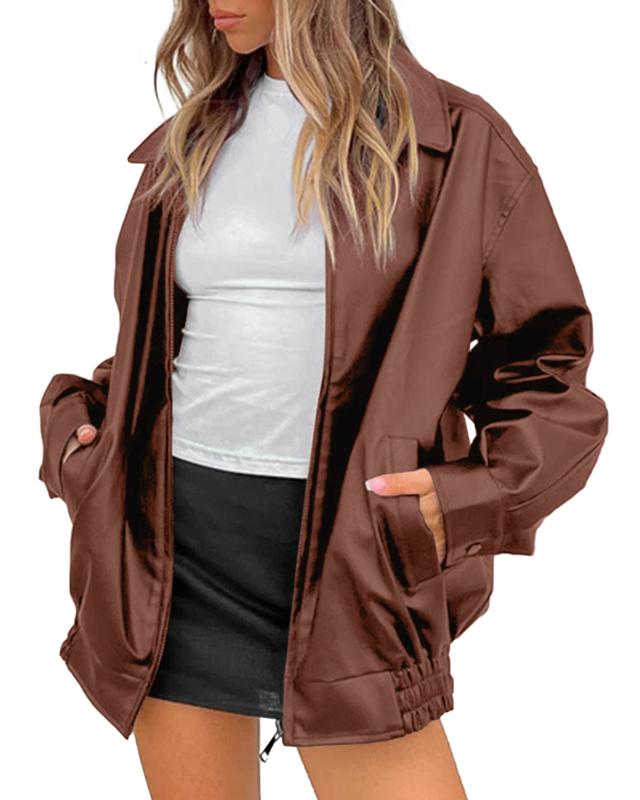 Goranbon Womens Oversized Leather jacket Lapel Bomber Coat Classic Casual Zip Up Warm Fall Winter Clothing