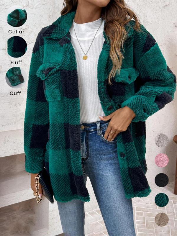 Women's Plaid Print Button Front Fuzzy Coat, Casual Drop Shoulder Long Sleeve Collared Outerwear for Fall & Winter, Ladies Clothes for Daily Wear, Preppy 80s Clothes