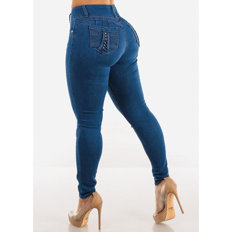 Butt Lift High Waist Skinny Jeans Indigo w Back Pocket Design