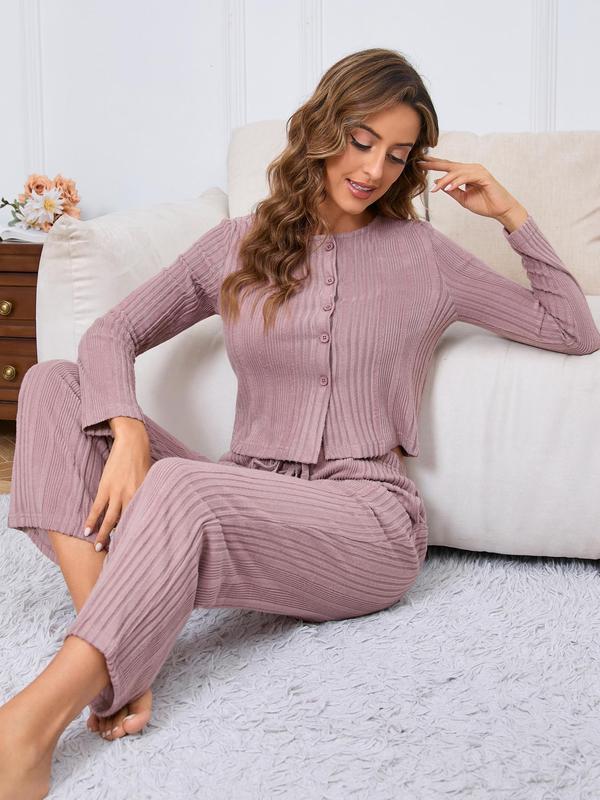 Women's Solid Button Front Cardigan & Crop Cami Top & Pocket Pants Loungewear Set, Casual Comfy Three-piece Pajama Sets Women, Women's Sleepwear for Fall & Winter