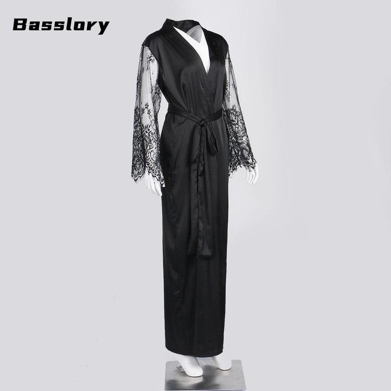 Women's Lace Casual Robe, Sexy V-neck Pajamas, Long See Through Sleeve Nightwear Long Sleeve Elegant