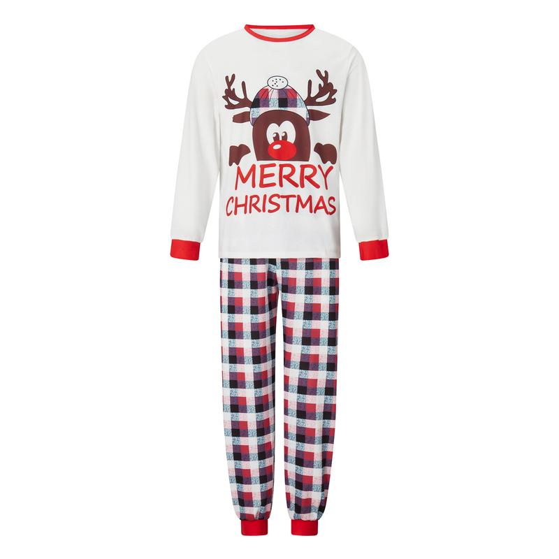 Christmas Family Pajamas Matching Set, Long Sleeve Cartoon Elk T-shirt with Plaid Pants Sleepwear Loungewear