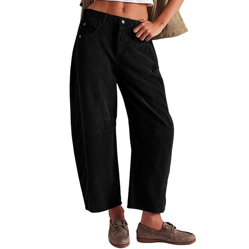 Tanming Women's Corduroy Pants Barrel Mid-Rise Elastic Waist Cord Pants Casual Wide Leg Baggy Trouser with Pockets