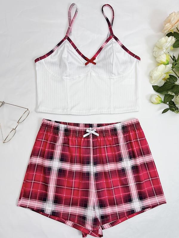 Women's Bow Decor Elastic Waist Pyjama Set, Cute Crop Cami Top & Plaid Print Shorts, Fashion Ladies' Sleepwear for Summer, Comfy Loungewear Sets for Women