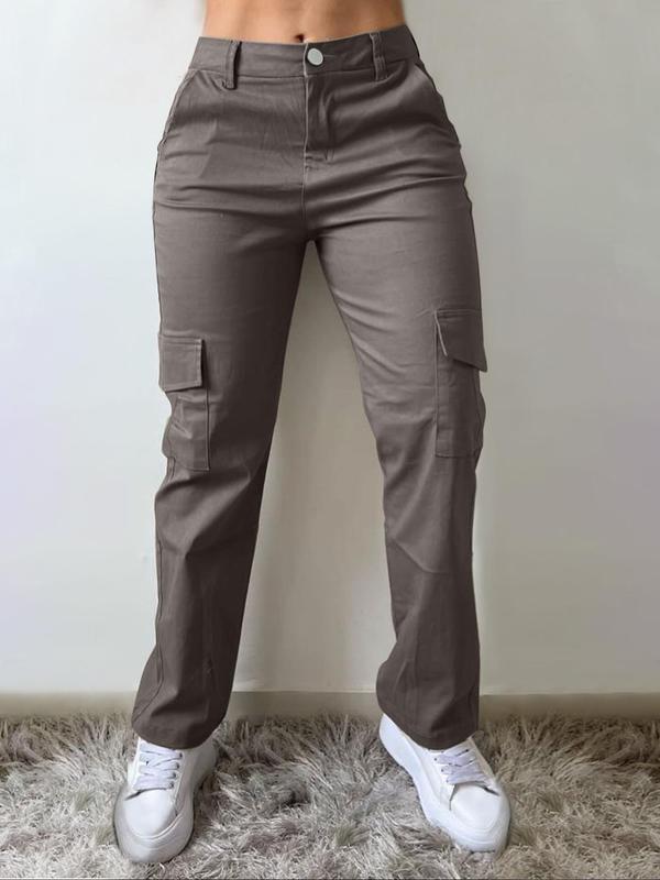 Women's Plain Pocket Button Fly Cargo Pants, Pants for Women, Going Out Bottoms, Casual Street Y2k Style Trousers for Daily Wear, Ladies Bottoms for All Seasons