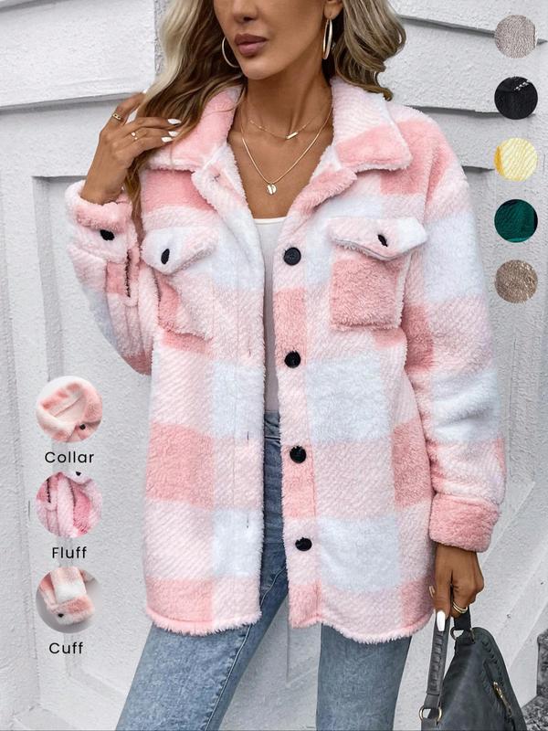 Women's Plaid Print Button Front Fuzzy Coat, Casual Drop Shoulder Long Sleeve Collared Outerwear for Fall & Winter, Ladies Clothes for Daily Wear, Preppy 80s Clothes