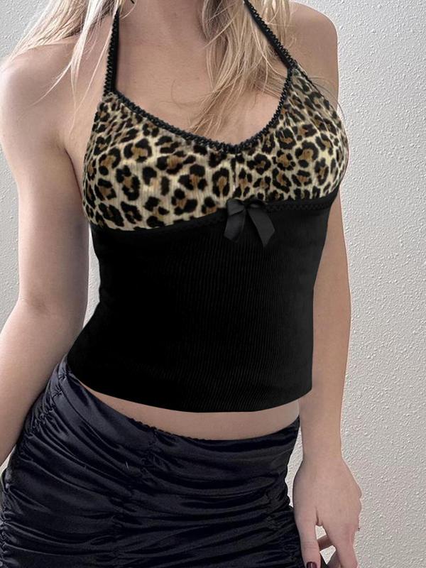 Women's Leopard Print Bow Decor Halter Neck Cami Top, Casual Sleeveless Backless Top for Daily Wear,  Tank Tops for Women, Ladies Clothes for All Seasons