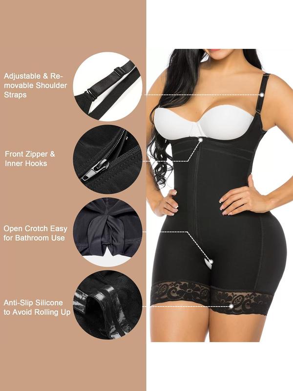 Women's Adjustable Strap Lace Trim Zip Front Shapewear Romper, High Stretch Open Bust Shapewear Bodysuit, Tummy Control Butt Lifting Shaper for Ladies Sexy