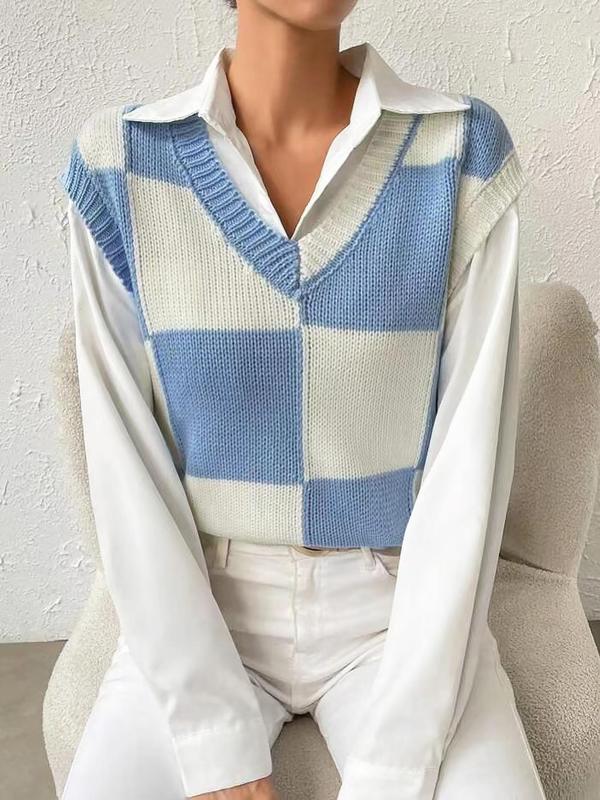 Women's Plaid Print V Neck Sweater Vest Without Shirt, Casual Comfy Jumper Vest, Ladies Spring & Fall Clothes for Daily Wear