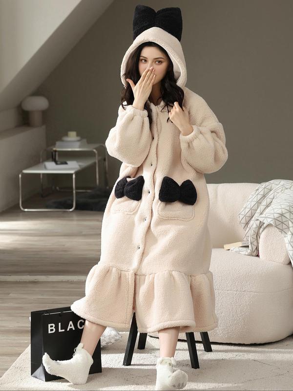 Women's Colorblock Bow Decor Ruffle Hem Thermal Lined Hooded Lounge Robe, Casual Long Sleeve Button Front Pocket Design Sleepwear Robe, Ladies Fall & Winter Sleepwear