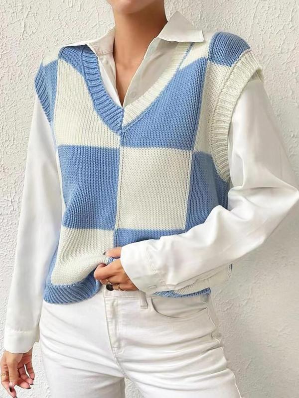 Women's Plaid Print V Neck Sweater Vest Without Shirt, Casual Comfy Jumper Vest, Ladies Spring & Fall Clothes for Daily Wear