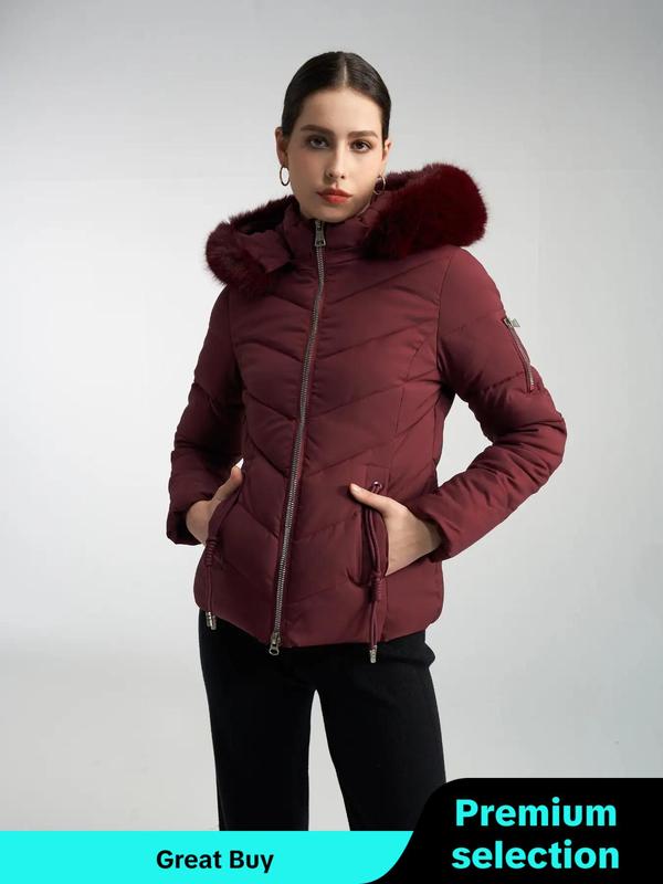 Women's Solid Color Pocket Contrast Faux Fur Hooded Quilted Jacket, Casual Long Sleeve Zip Up Outerwear for Fall & Winter, Ladies Clothes for Daily Wear, Winter Clothes Women, Puffer Jacket