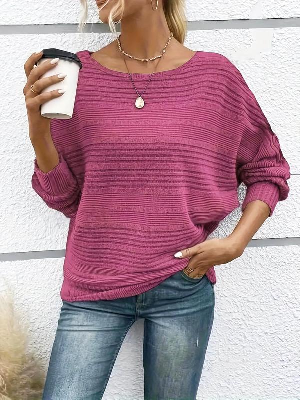  Solid Color Jacquard Batwing Sleeve Pullover Sweater, Elegant Fashion Casual Crew Neck Jumper for Daily Outdoor Wear, Women Clothing for Fall & Winter