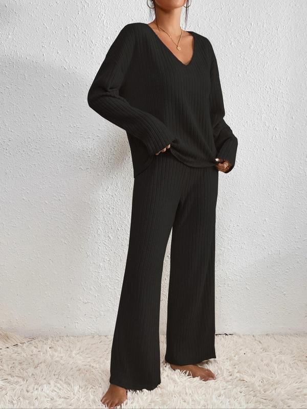 Women's Solid Lettuce Trim V Neck Tee & Elastic Waist Pants Set, Casual Drop Shoulder Long Sleeve Ribbed T-shirt & Trousers Set, Two Piece Set, Ladies Clothes for Fall, Winter Outfits 2024, Black Girl Outfits