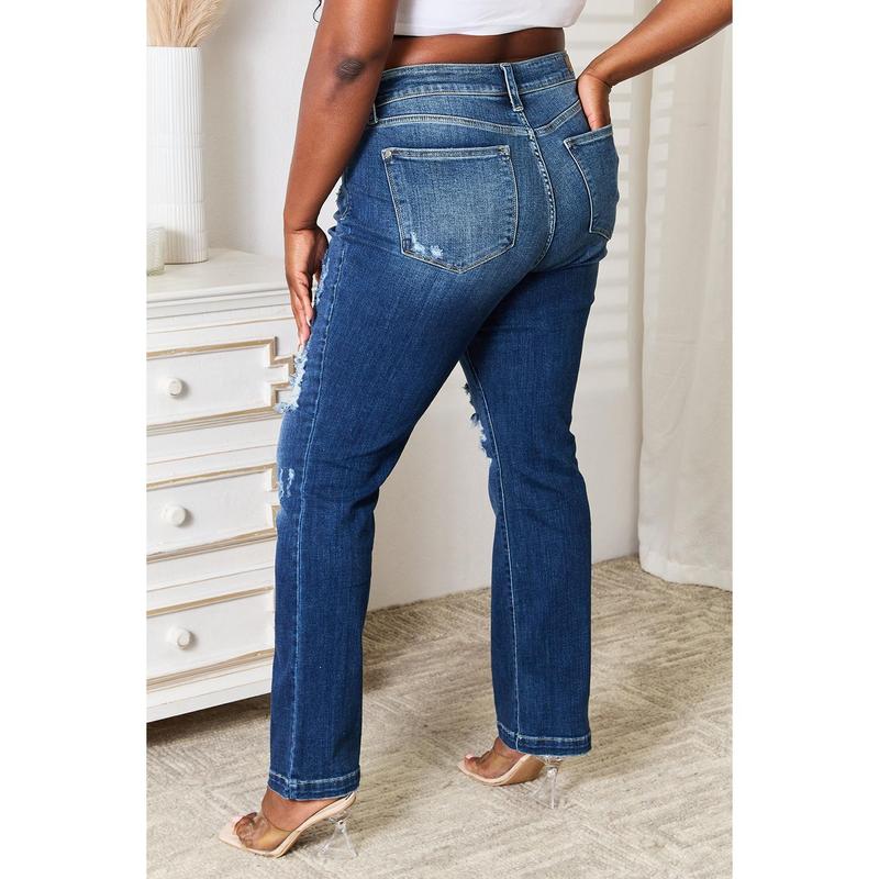 Judy Blue Full Size Mid Rise Hand Sand & Destroy Bootcut Jeans Basic Comfort Fit Spandex