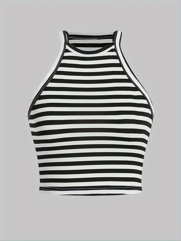 Women's Plain Striped Print Halter Neck Crop Cami Top, Casual Sleeveless Cropped Top for Spring & Fall, Ladies Clothes for Daily Wear