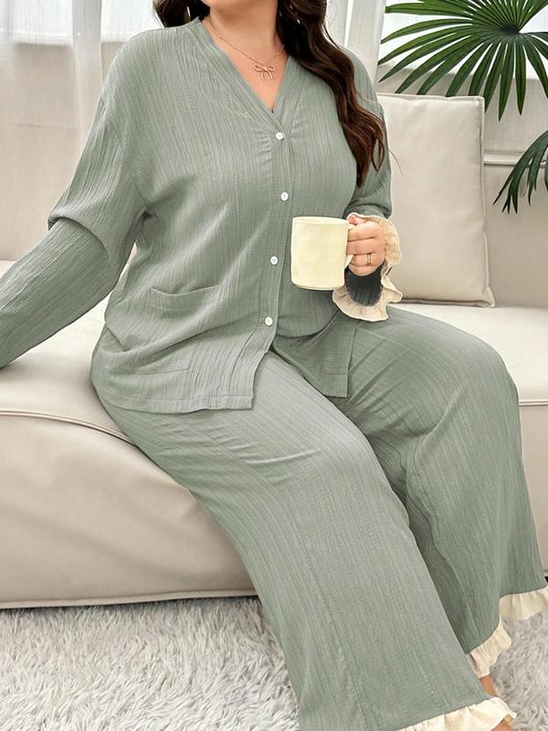  Two-piece Set Solid Button Front Pocket Ruffle Trim Shirt & Pants Pyjama, Casual Comfy Drop Shoulder Long Sleeve Top & Trousers Pj Set, Women's Sleepwear for All Seasons