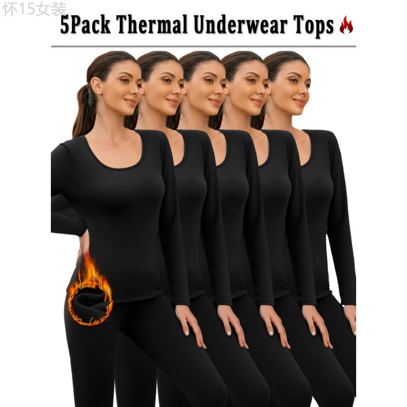 5-Pack Thermal Underwear Tops for Women - Super Soft Fleece, Long Sleeve, High Stretch Polyester Knit Fabric, Solid Color Base Layer for Cold Weather Womenswear Spandex Comfort Basic Minimalist