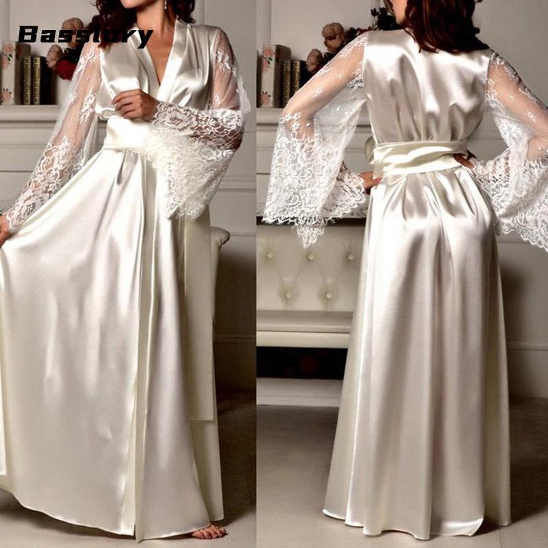 Women's Lace Casual Robe, Sexy V-neck Pajamas, Long See Through Sleeve Nightwear Long Sleeve Elegant