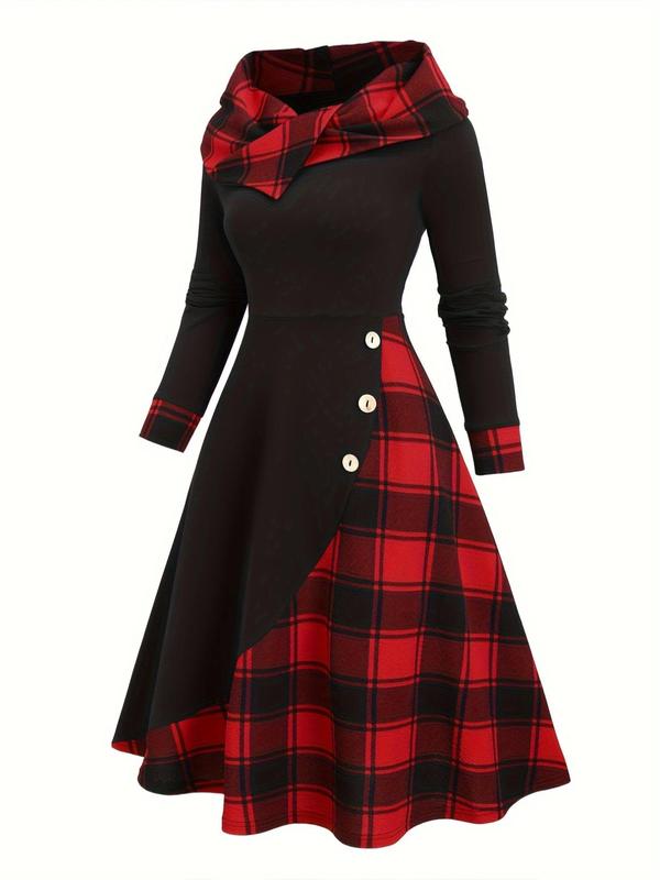 Women's Patchwork Plaid Print Button Hooded Dress, Casual Long Sleeve A Line Dress for Fall & Winter, Women's Clothes for Daily Wear