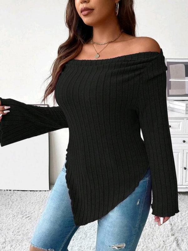  Solid Off Shoulder High Low Hem Tee, Casual Long Sleeve T-shirt for Fall & Winter, Women's Clothing for Daily Wear