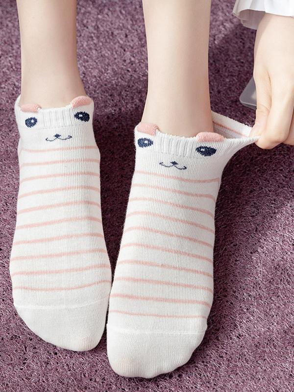 Women's 5 Pairs Cartoon Cat & Striped Print Ankle Socks, Cute Comfy Breathable Low Cut Socks for Daily Wear, Ladies Socks for Summer