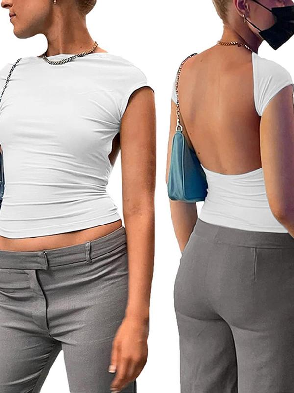 Women's Plain Backless Round Neck Crop Tee, Casual Solid Cap Sleeve T-shirt for Summer, Fashion Women's Top for Daily Wear, T Shirts for Women, Going Out Tops, Cute Tops for Women