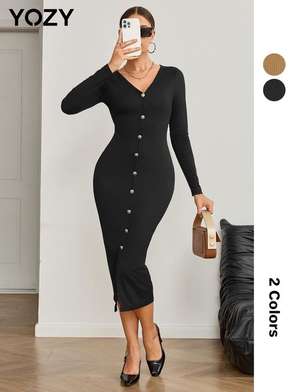 YOZY [2 colors] Textured Button Front Dress, Elegant V Neck Long Sleeve Bodycon Midi Dress, 2024 Women's Daily Office Business Wear for Spring & Fall