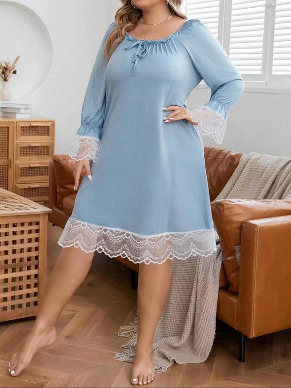 Plus Size Contrast Lace Frill Trim Tie Front Nightdress, Casual Round Neck Flounce Sleeve Nightgown, Womenswear Comfort PJ Clothing, Women's Plus Size Sleepwear for Spring & Fall, Plus Size Clothing