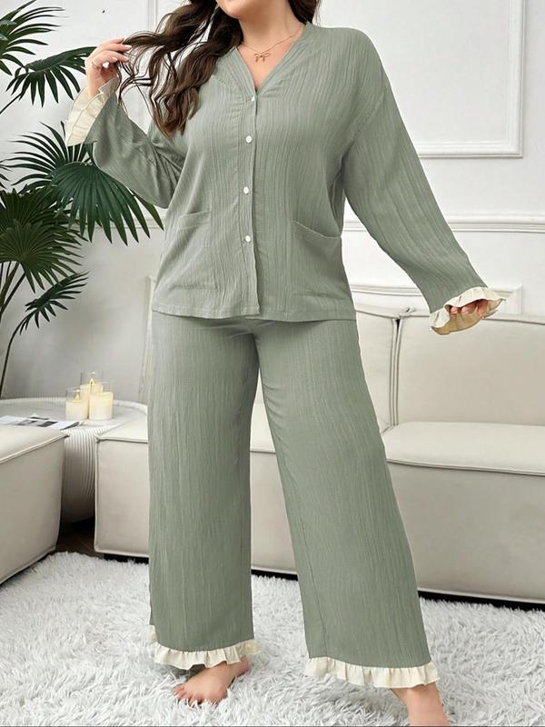  Two-piece Set Solid Button Front Pocket Ruffle Trim Shirt & Pants Pyjama, Casual Comfy Drop Shoulder Long Sleeve Top & Trousers Pj Set, Women's Sleepwear for All Seasons