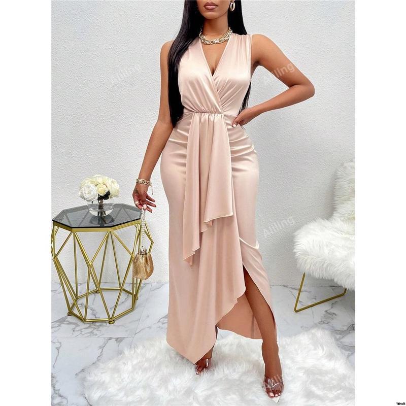 Sleeveless satin dress with ruched draped asymmetrical lower front