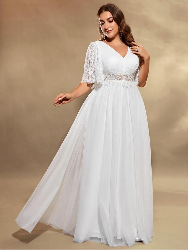 Plus Size Plain Contrast Lace Sequin V Neck Tulle Wedding Dress, Elegant Butterfly Sleeve Maxi Dress for Wedding Party, Women's Summer Clothes