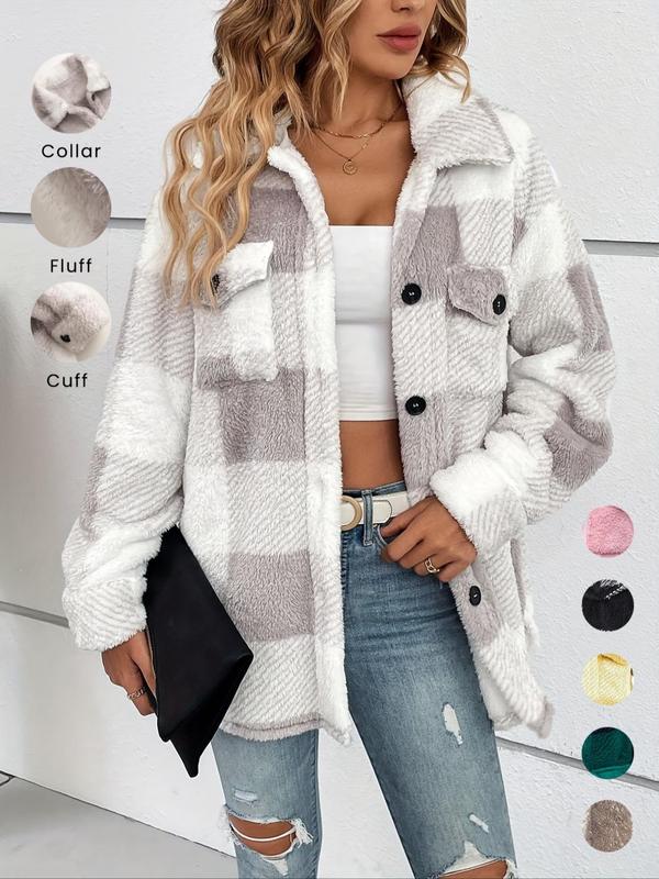 Women's Plaid Print Button Front Fuzzy Coat, Casual Drop Shoulder Long Sleeve Collared Outerwear for Fall & Winter, Ladies Clothes for Daily Wear, Preppy 80s Clothes