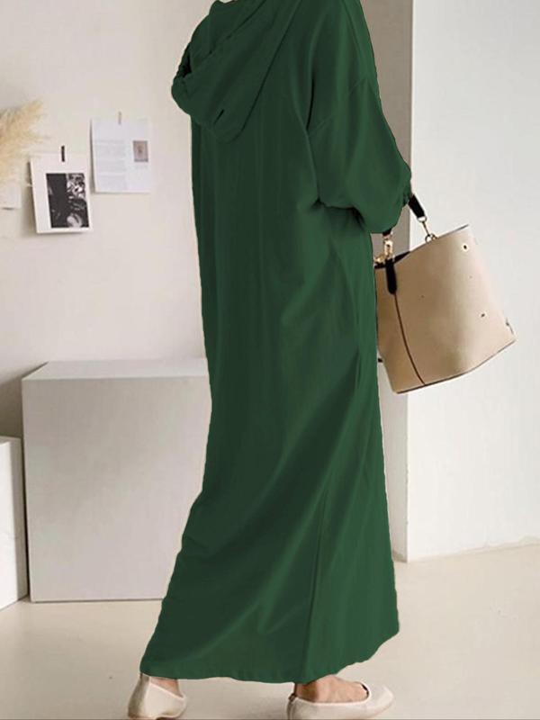  Solid Color Drawstring Drop Shoulder Hooded Dress, Casual Long Sleeve Pocket Dress for Fall & Winter, Women's Clothes for Daily Wear