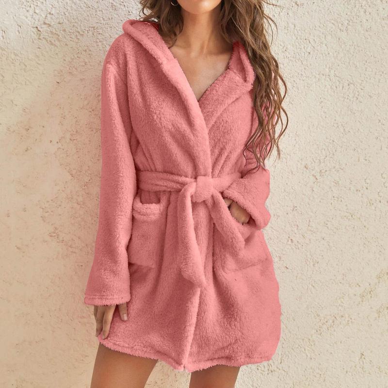 2024 Hot Sale Fall Winter Hooded Home Casual Plush Pajamas Pure Color Warm Keeping Bathrobe Women