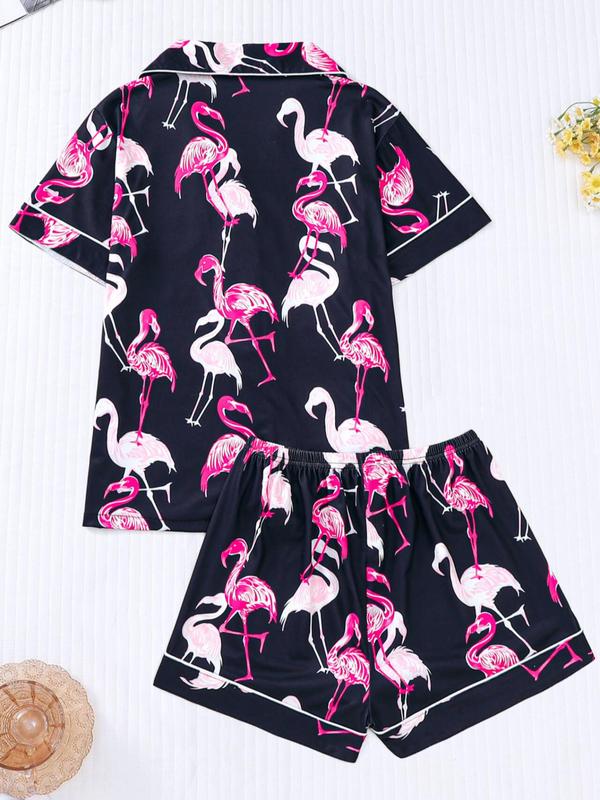 Women's Flamingo Print Lapel Pocket Shirt & Elastic Waist Shorts Pyjama Set, Casual Comfy Button Front Short Sleeve Top & Shorts Pj Set, Ladies Sleepwear for All Seasons