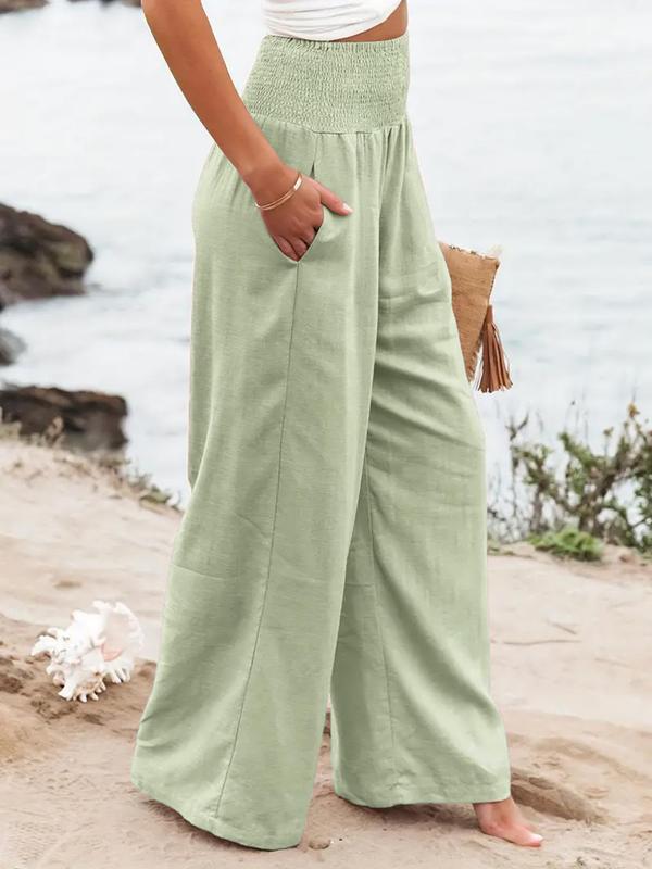 Women's Plain Pocket Shirred Wide Leg Pants, Casual Elastic Waist Trousers for Beach Vacation Holiday, Ladies Bottoms for All Seasons