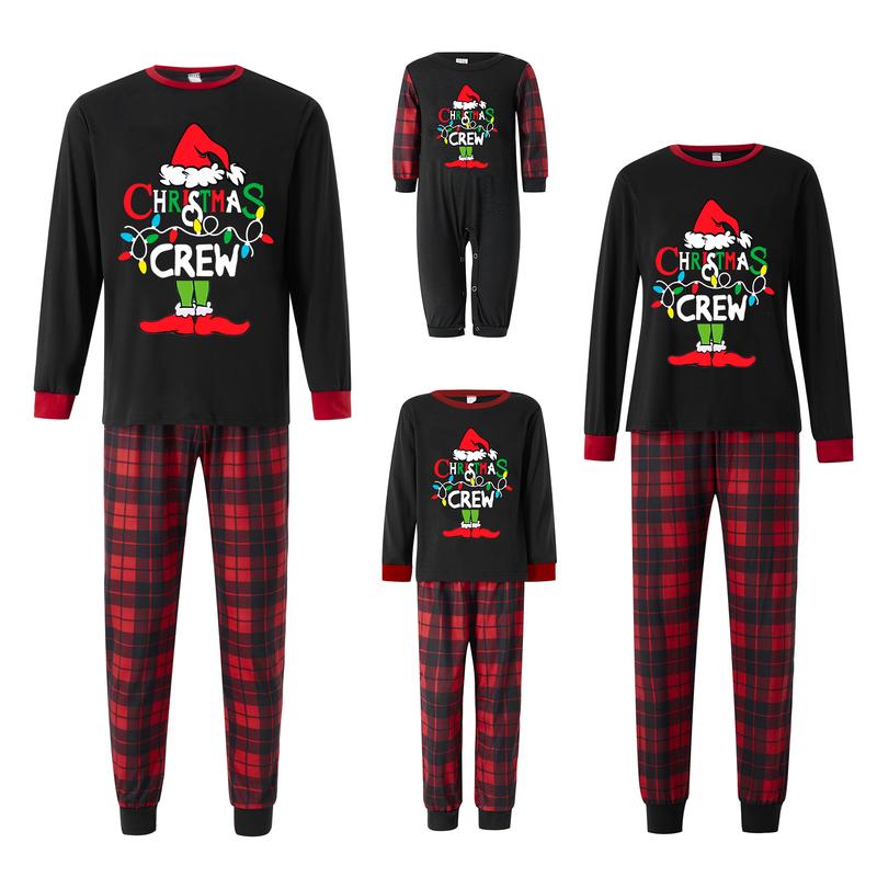 Hot Matching Christmas Pajamas For Family Long Sleeve Monster Letter Print Tops + Plaid Pants Set Winter Loungewear