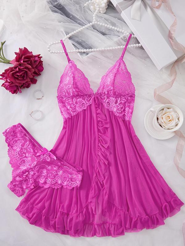 Two-Piece Set Women's Contrast Lace Ruffle Trim Cami Nightdress & Bow Decor Panty Pyjama Set, Sexy Adjustable Strap Wrap Slip Nightgown & Knicker Set, Ladies Nightwear for All Seasons