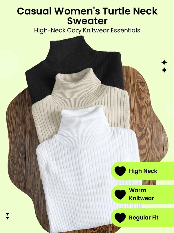 Women's Solid Turtle Neck Sweater, Casual Long Sleeve Jumper for Fall & Winter, Women's Knitwear for Daily Wear