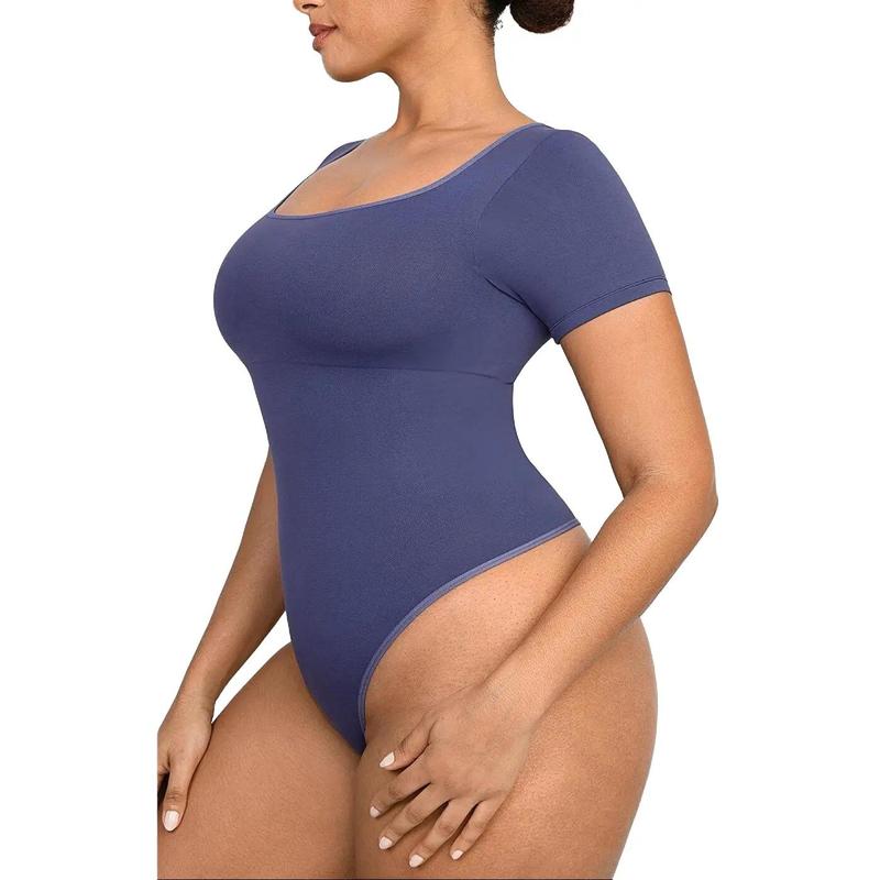 Shapellx Seamless slim-fitting square neck Comfortable Thong Bodysuit With Removable bra pads