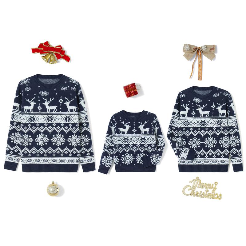 2024 New Matching Family Christmas Sweaters Long Sleeve Round Neck Snowflake Pullovers Knit Tops Xmas Clothes Womenswear Casual Crewneck