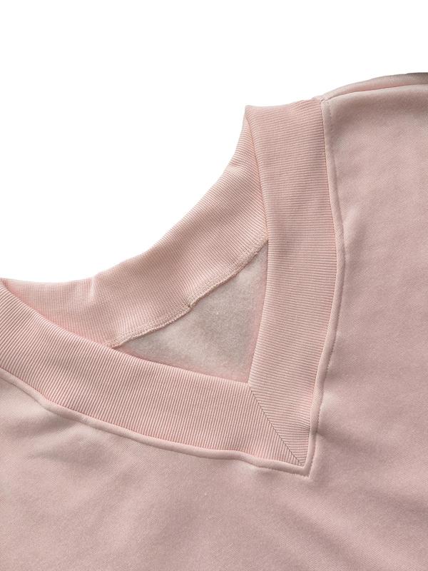  Solid Color Drop Shoulder Sweatshirt, Casual Long Sleeve V Neck Pullover for Fall & Winter, Women's Clothing for Daily Wear