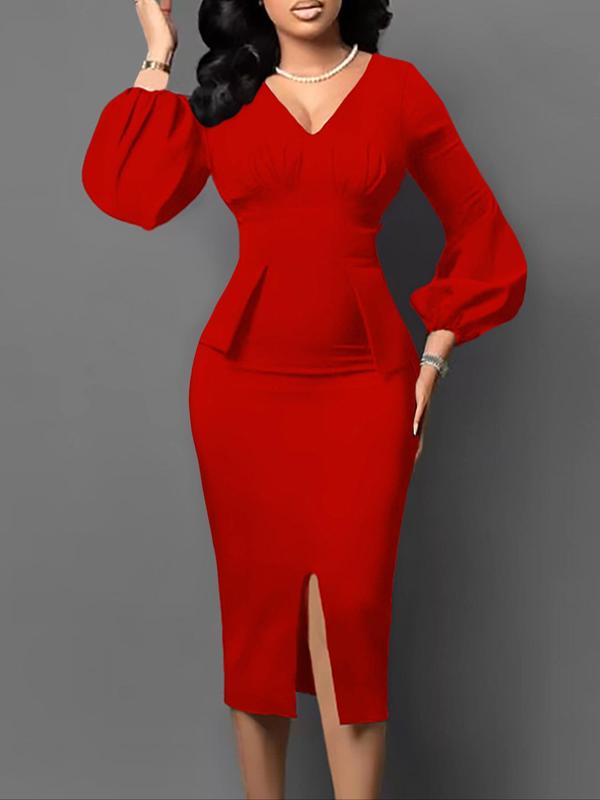 Women's Plain Bishop Sleeve Plicated Split Dress, Elegant Long Sleeve V Neck Bodycon Dress, Ladies Clothes for Party Work Business