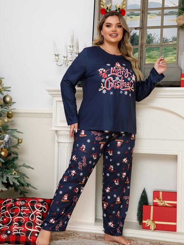  Two-Piece Set Christmas Print Pajama, Casual Comfy Round Neck Long Sleeve Tee & Elastic Waist Pants, Women's Sleepwear for Fall & Winter