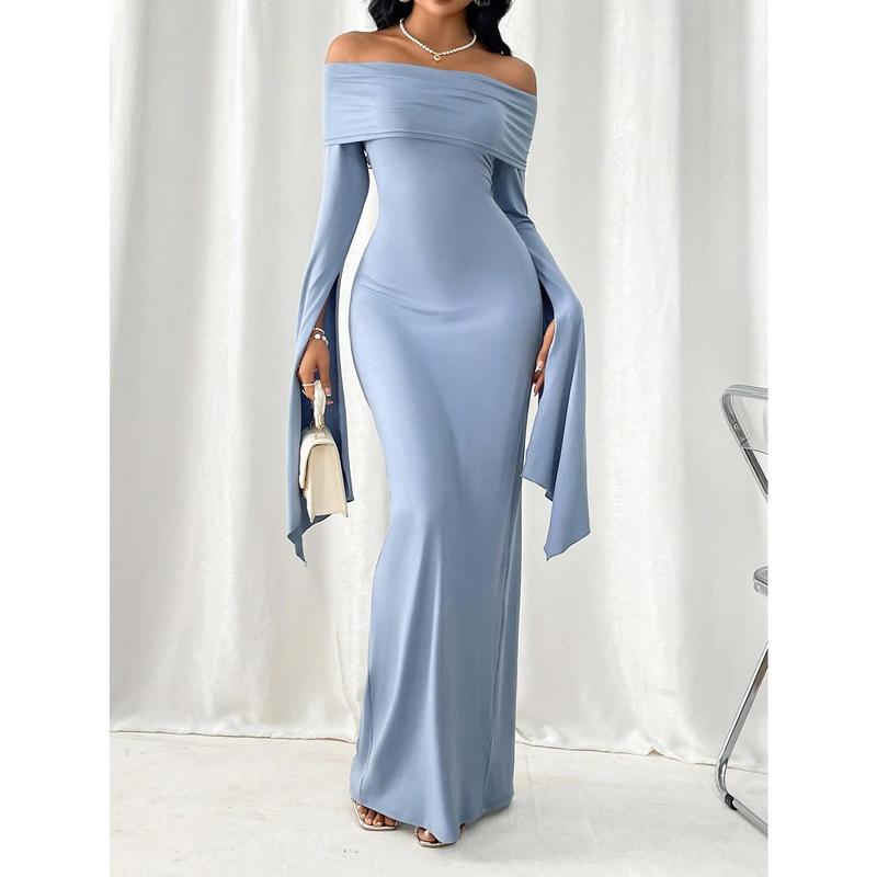 Women's Off-The-Shoulder Pleated Long Sleeve Maxi Dress With Split Hem One Shoulder Women's One Fit Formal