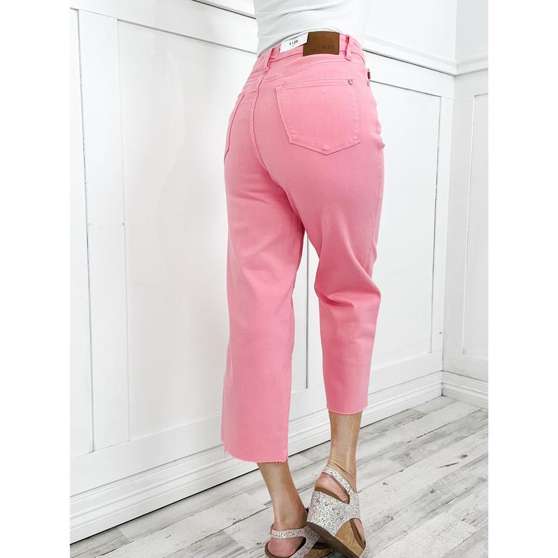 Judy Blue SHELBY Hi-Rise Tummy Control PINK Wide Leg Cropped Jeans