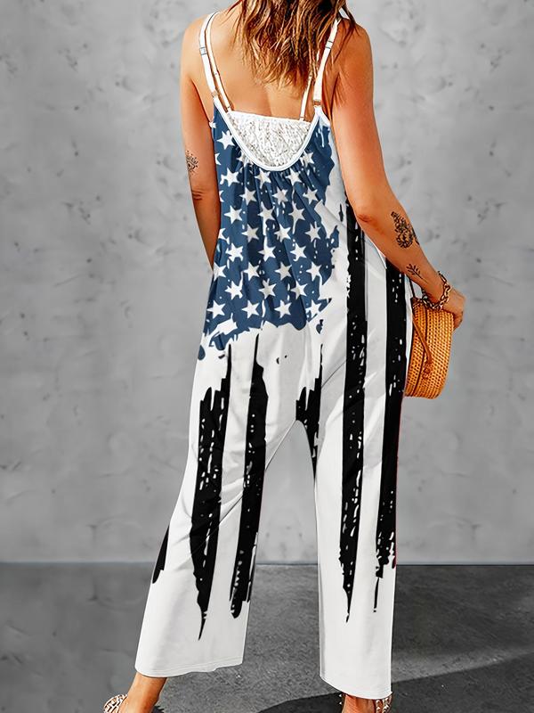 Women's 4th Of July Flag Print Sleeveless Cami Jumpsuit, Lady Casual Comfy Adjustable Spaghetti Strap Pocket Overalls, Jumpsuit for Women, Comfort Sleeveless Onesies, Ladies Summer Clothes for Daily Wear Back To School, Womenswear